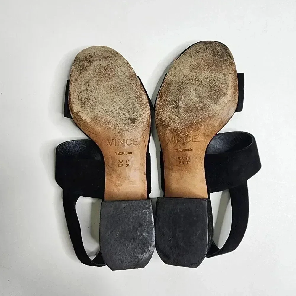 VINCE RENA Sandals Black Suede Block Heel Leather Strappy Size 7‎ Shoes